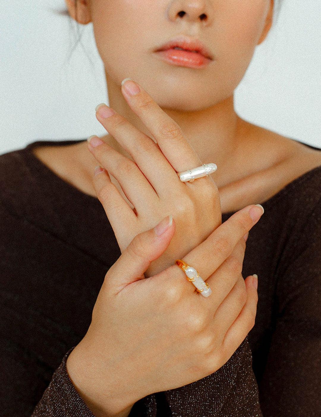 Natural Long Baroque Pearl Open Ring - Gembea Jewelry