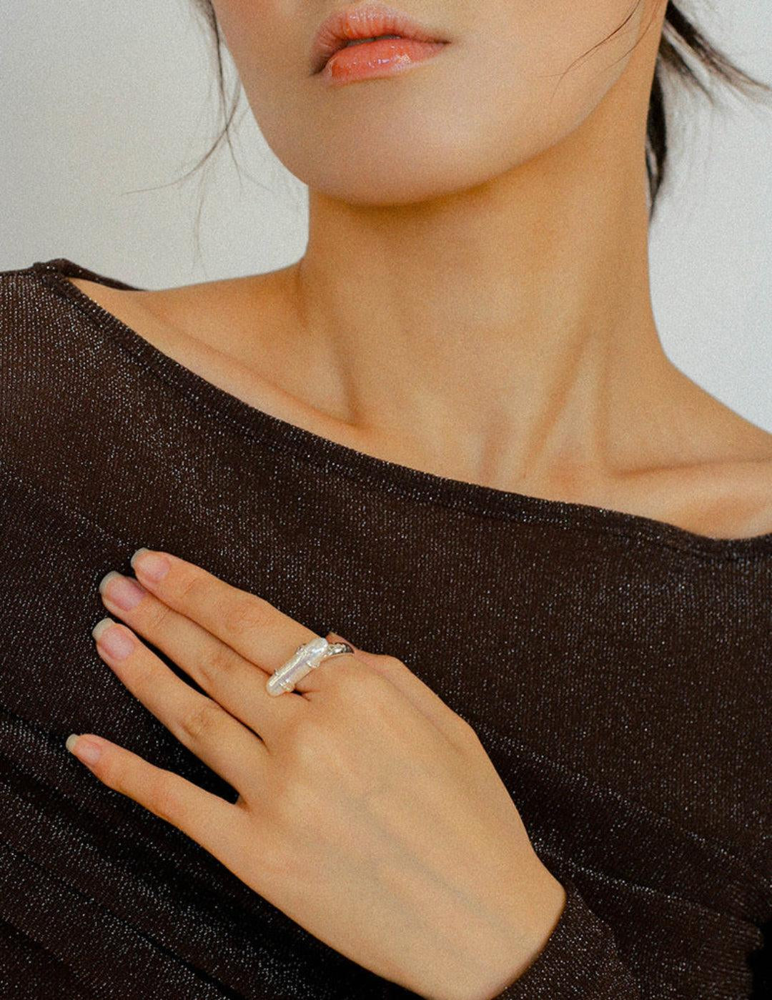 Natural Long Baroque Pearl Open Ring - Gembea Jewelry