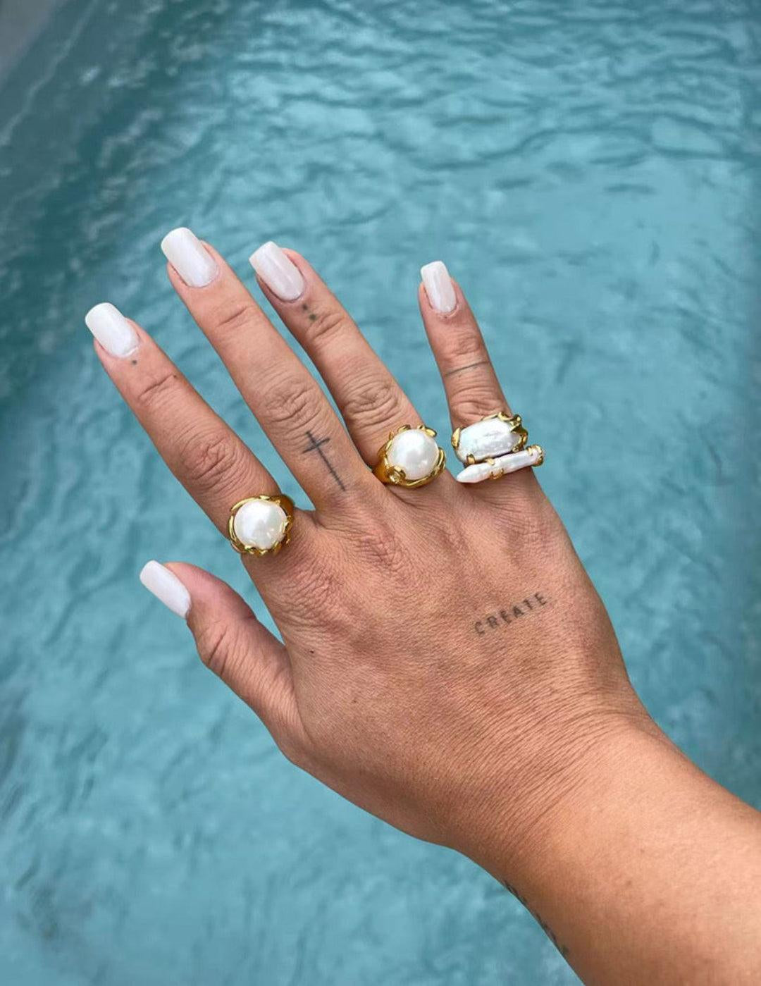 Natural Round Baroque Pearl Open Ring - Gembea Jewelry