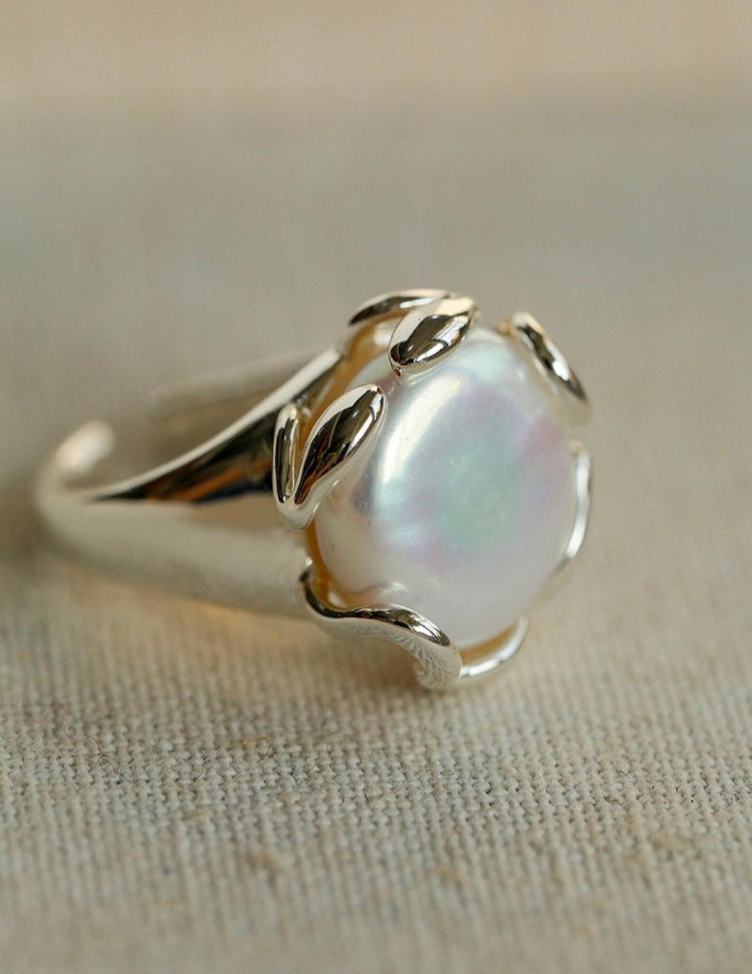 Natural Round Baroque Pearl Open Ring - Gembea Jewelry