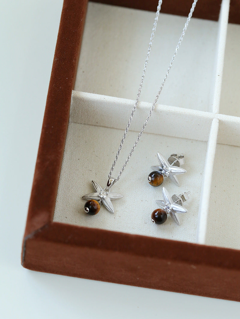 Silver Tiger's Eye Stone Stud Earrings-Gembea Jewelry