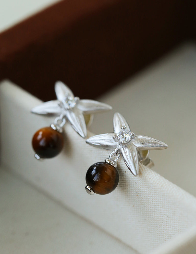 Silver Tiger's Eye Stone Stud Earrings-Gembea Jewelry