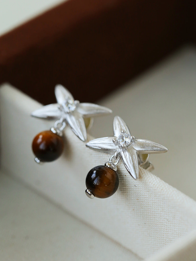 Silver Tiger's Eye Stone Stud Earrings-Gembea Jewelry