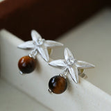 Silver Tiger's Eye Stone Stud Earrings-Gembea Jewelry