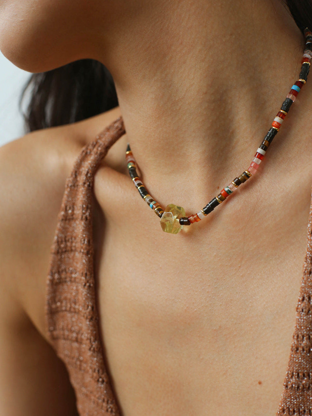 Bohemian-style Natural Stone Lemon Crystal Necklace-Gembea Jewelry