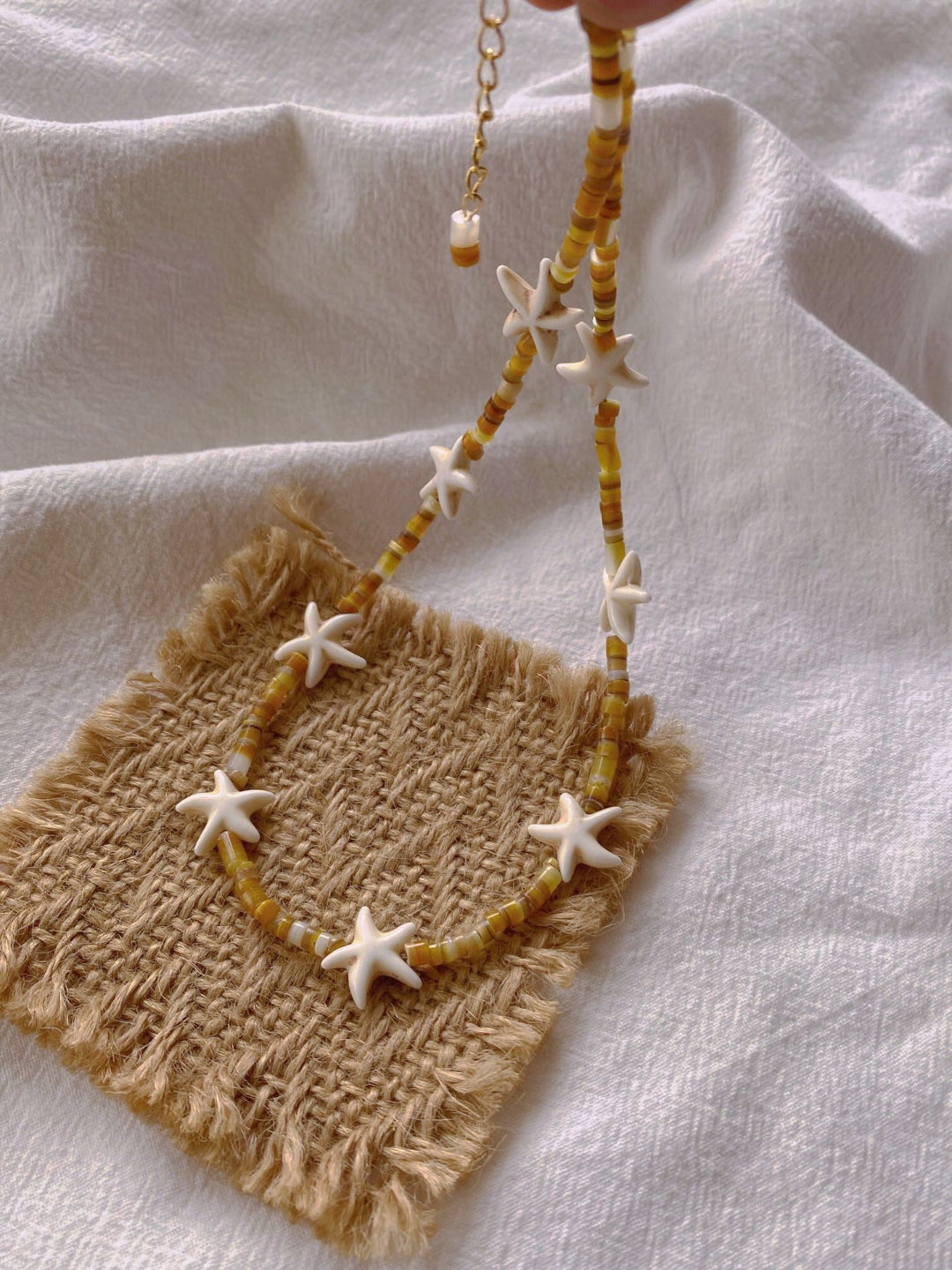 Holiday Yellow Pearl Shell Starfish Beaded Necklace