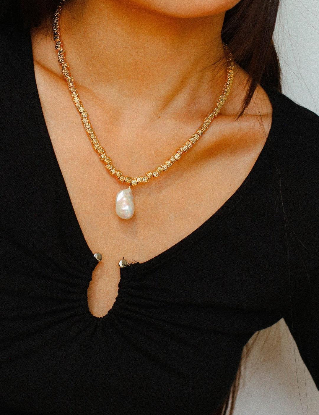 Baroque Pearl Pendant Lava Metal Necklace - Gembea Jewelry