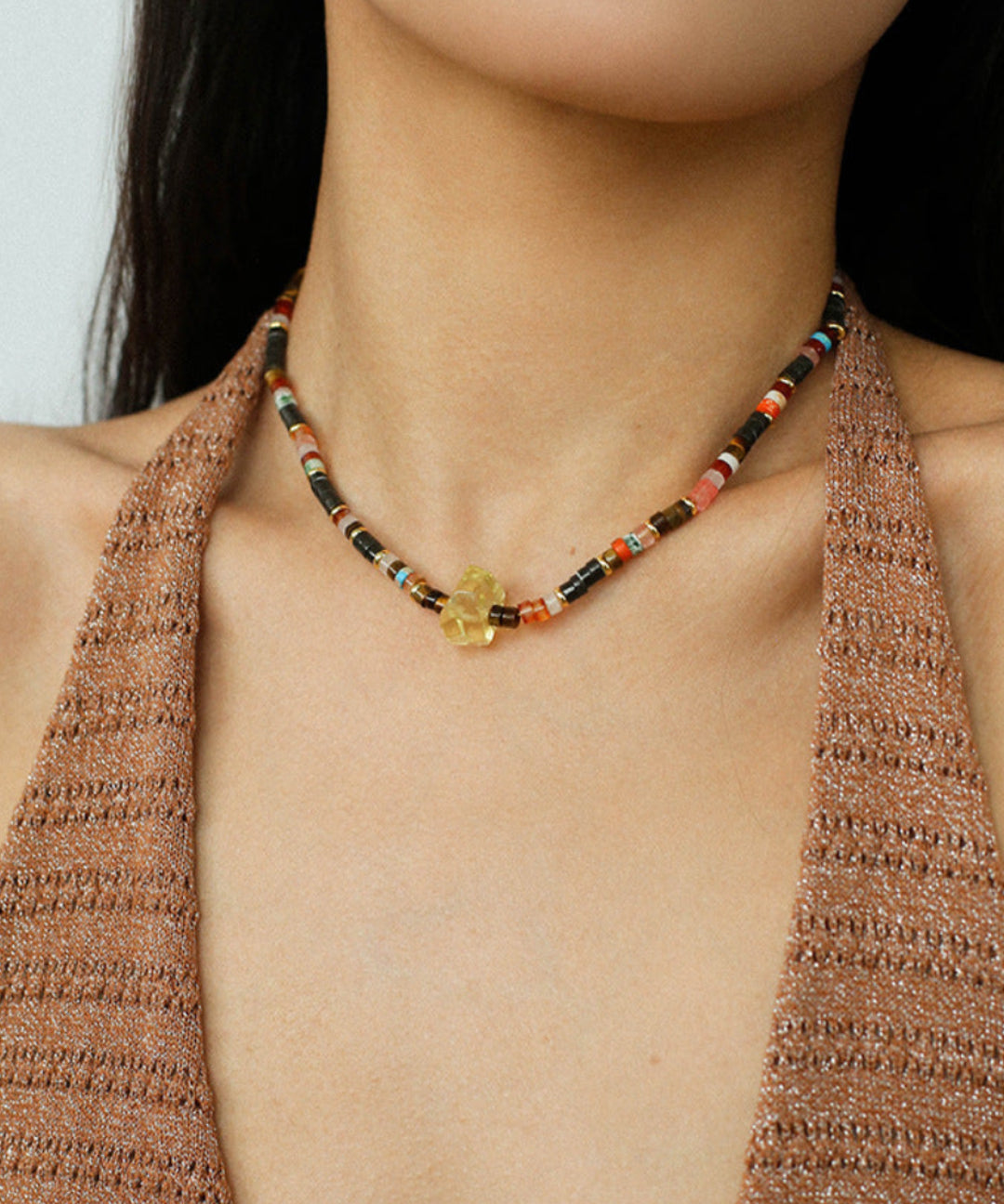 Bohemian-style Natural Stone Lemon Crystal Necklace-Gembea Jewelry