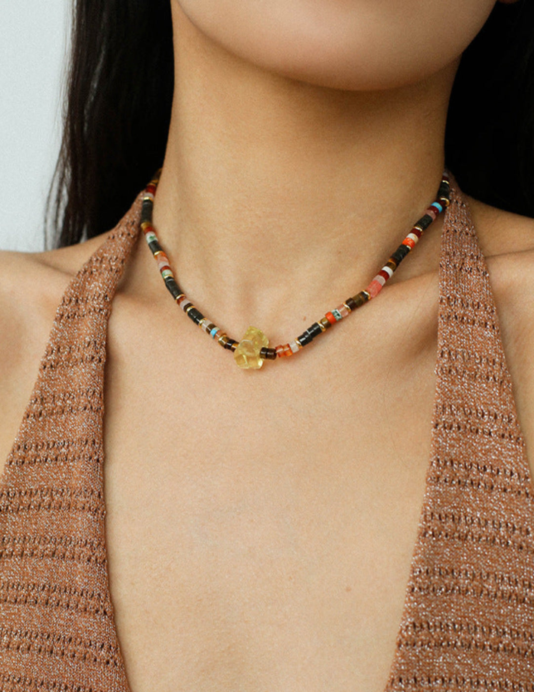 Bohemian-style Natural Stone Lemon Crystal Necklace-Gembea Jewelry
