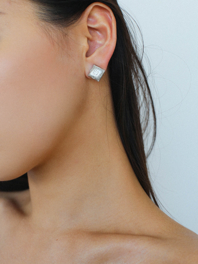 Silver Brushed Double-sided Heart Stud Earrings-Gembea Jewelry