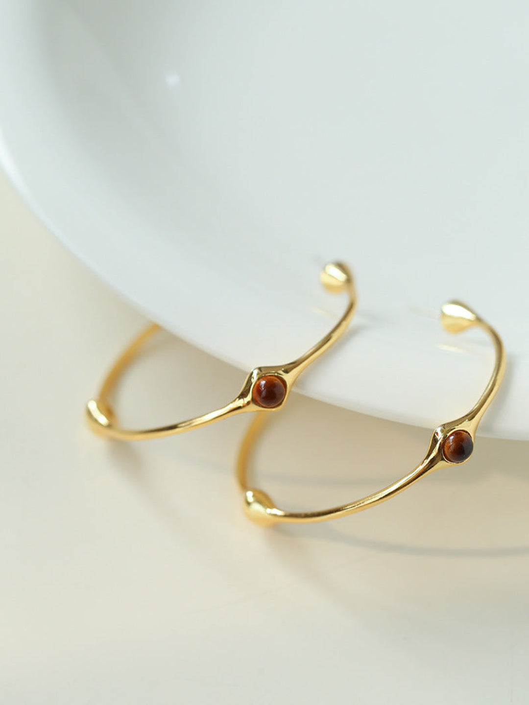 Red Agate Tiger Eye Stone Metal Hoop Earrings