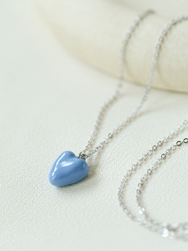 Blue Enamel Heart-shaped Necklace-Gembea Jewelry