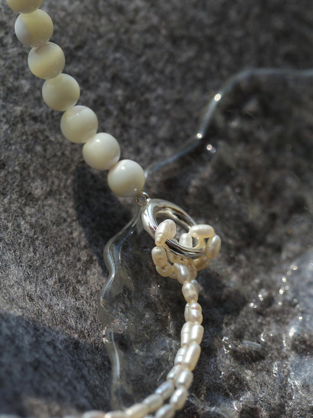 Round Buckle Rice Pearl White Shell Necklace - Gembea Jewelry