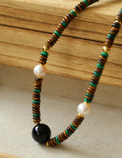 Black Agate Tiger-eye Stone Beaded Necklace