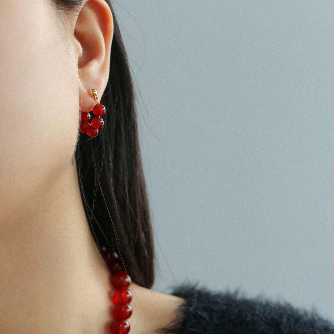 Red Agate Beaded Hoop Earrings - Gembea Jewelry