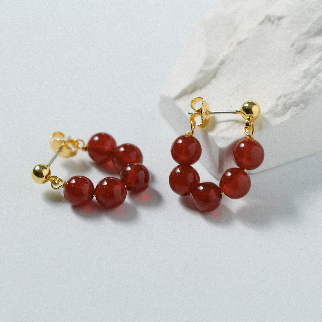 Red Agate Beaded Hoop Earrings