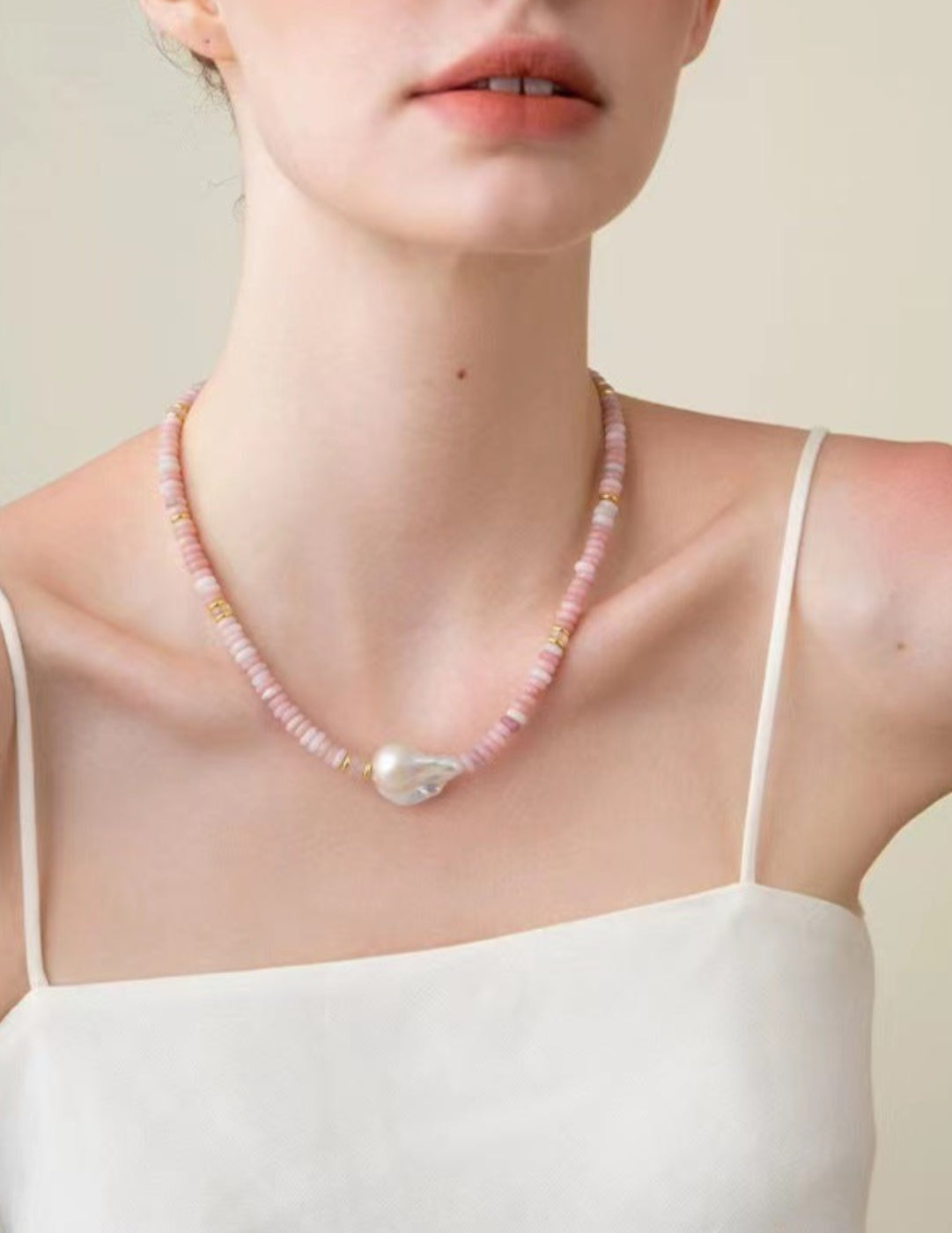 Gembea Jewelry Pink Stone Beaded Baroque Pearl Necklace