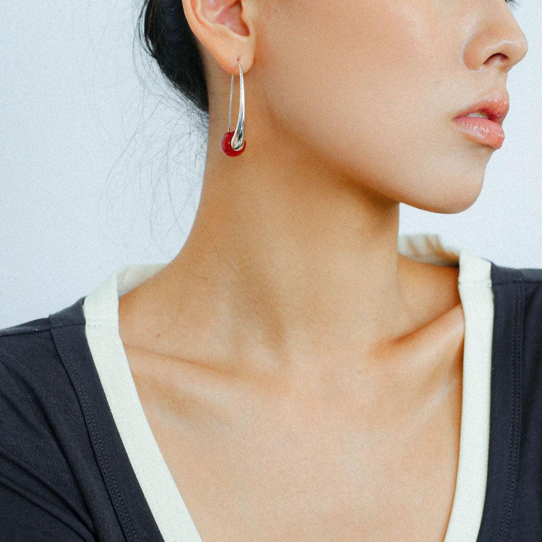 Hand-made Gray Red Black Agate Stone Ear Hooks Earrings - Gembea Jewelry