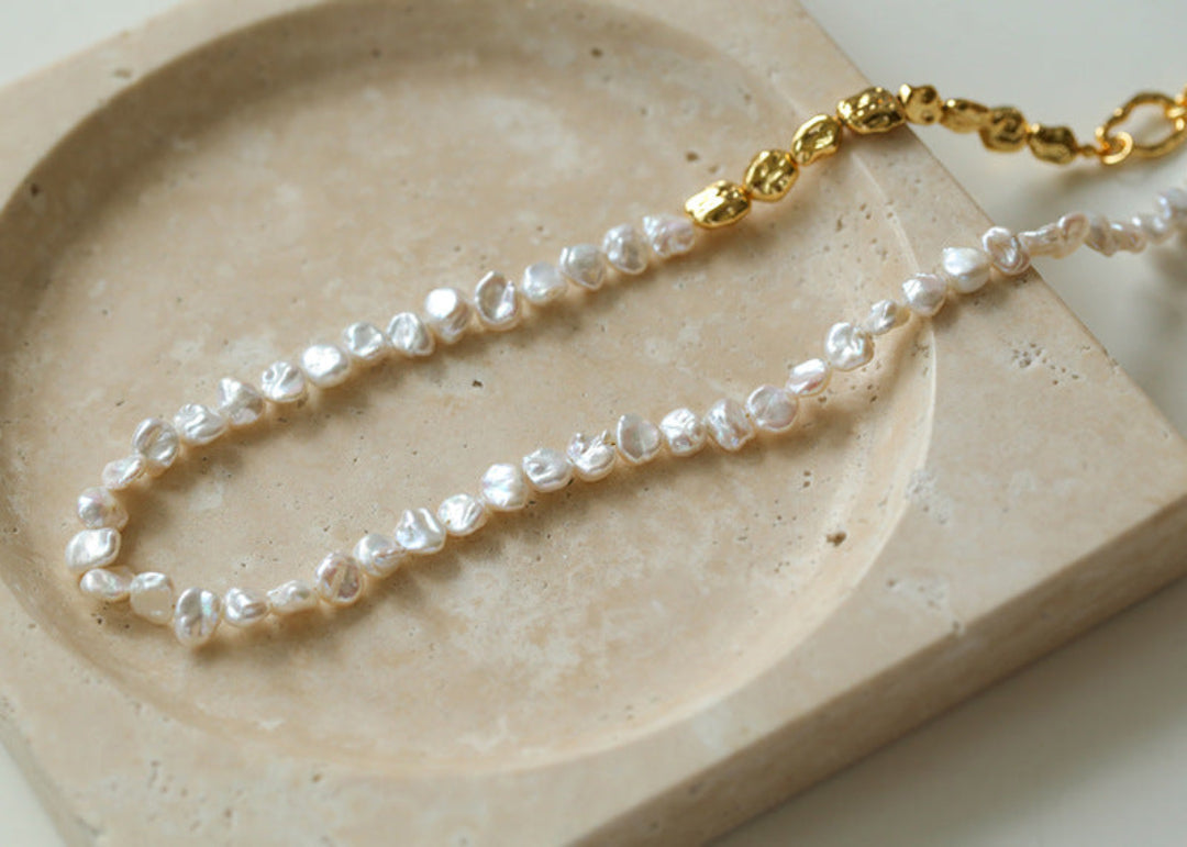 Metal Petal Baroque Pearl Necklace