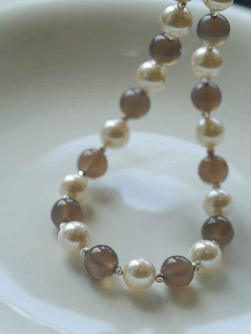 Grey Agate Artificial Pearl Beaded Necklace-Gembea Jewelry