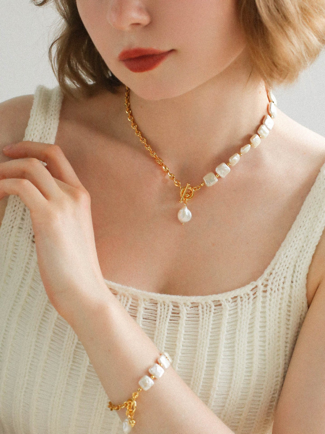 Natural Freshwater Square Pearl Chain Necklace