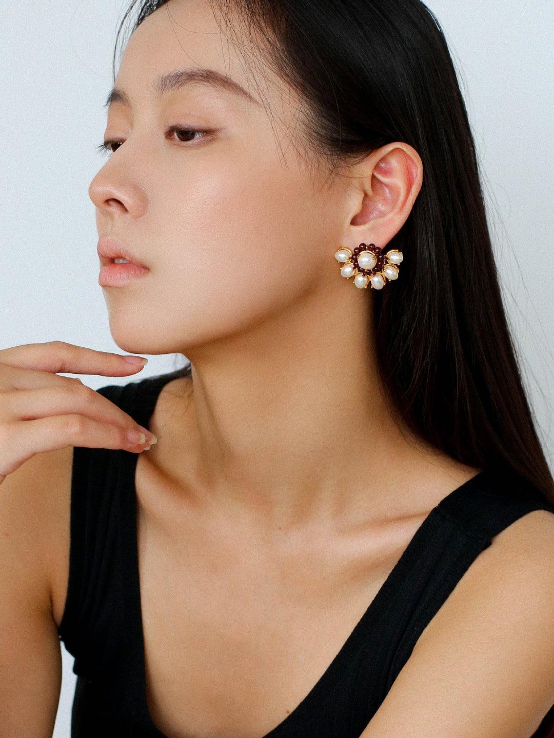 Natural Freshwater Pearl Garnet Stone Earrings - Gembea Jewelry