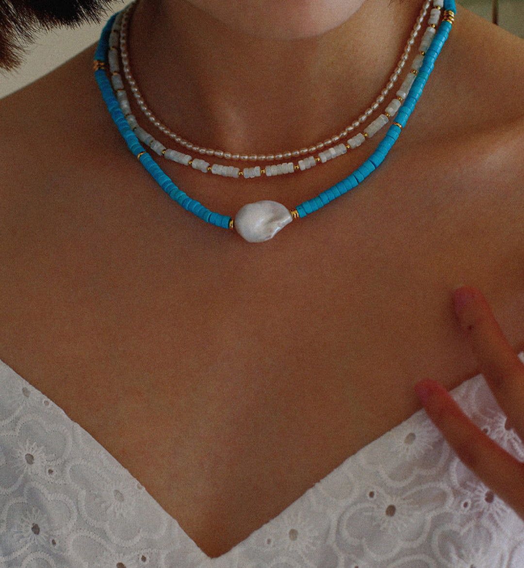 Blue Colored Stone Baroque Pearl Necklace