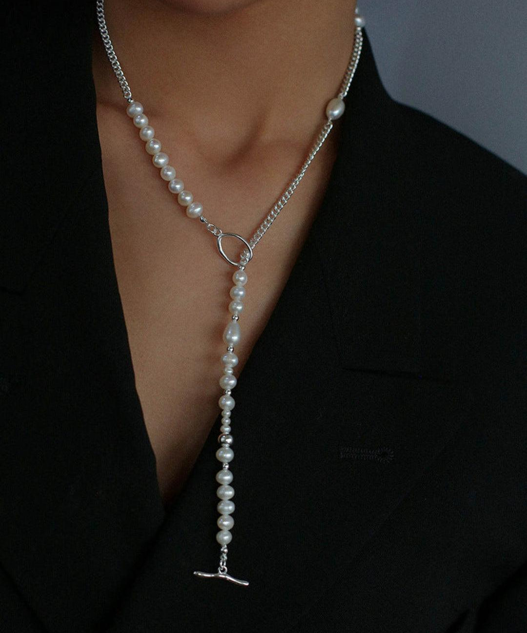 OT Buckle Long Chain Stitching Pearl Necklace - Gembea Jewelry