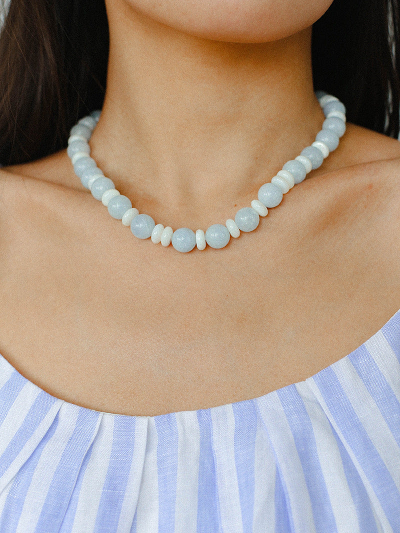 Aquamarine White Scallop Beaded Necklace Gembea Jewelry