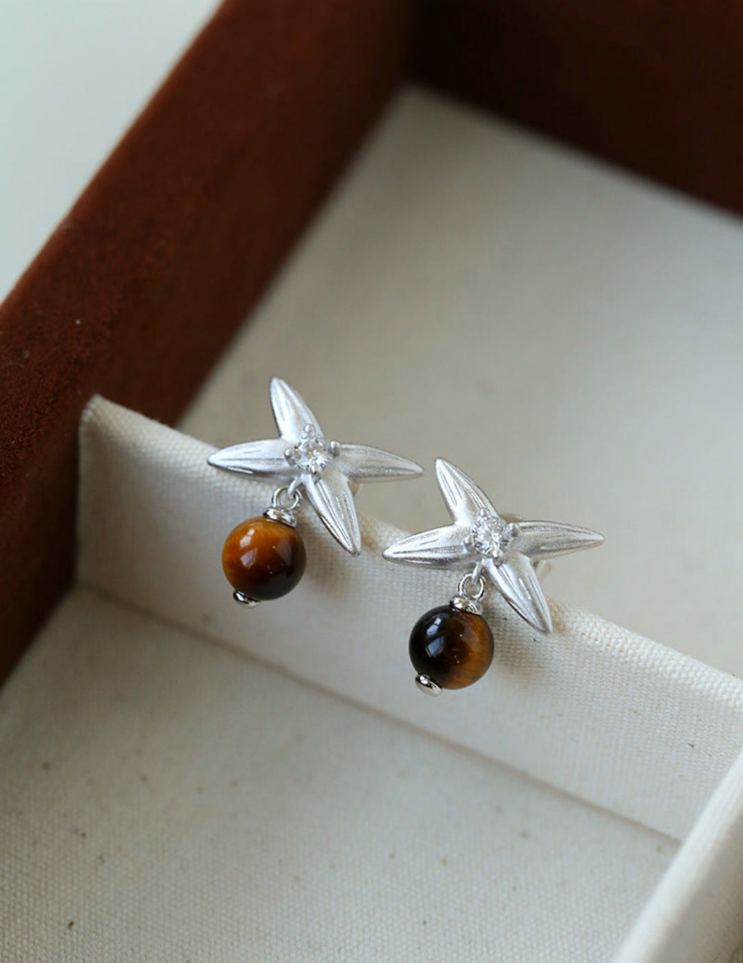 Silver Tiger's Eye Stone Stud Earrings-Gembea Jewelry