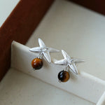 Silver Tiger's Eye Stone Stud Earrings-Gembea Jewelry