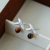Silver Tiger's Eye Stone Stud Earrings-Gembea Jewelry