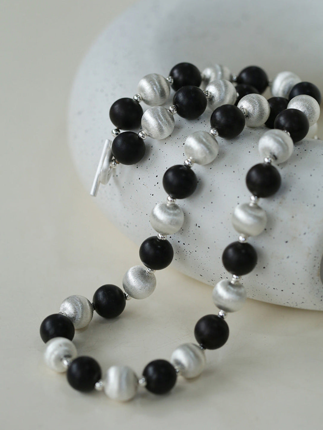 Ebony and Silver Ball Brushed Beaded Necklace