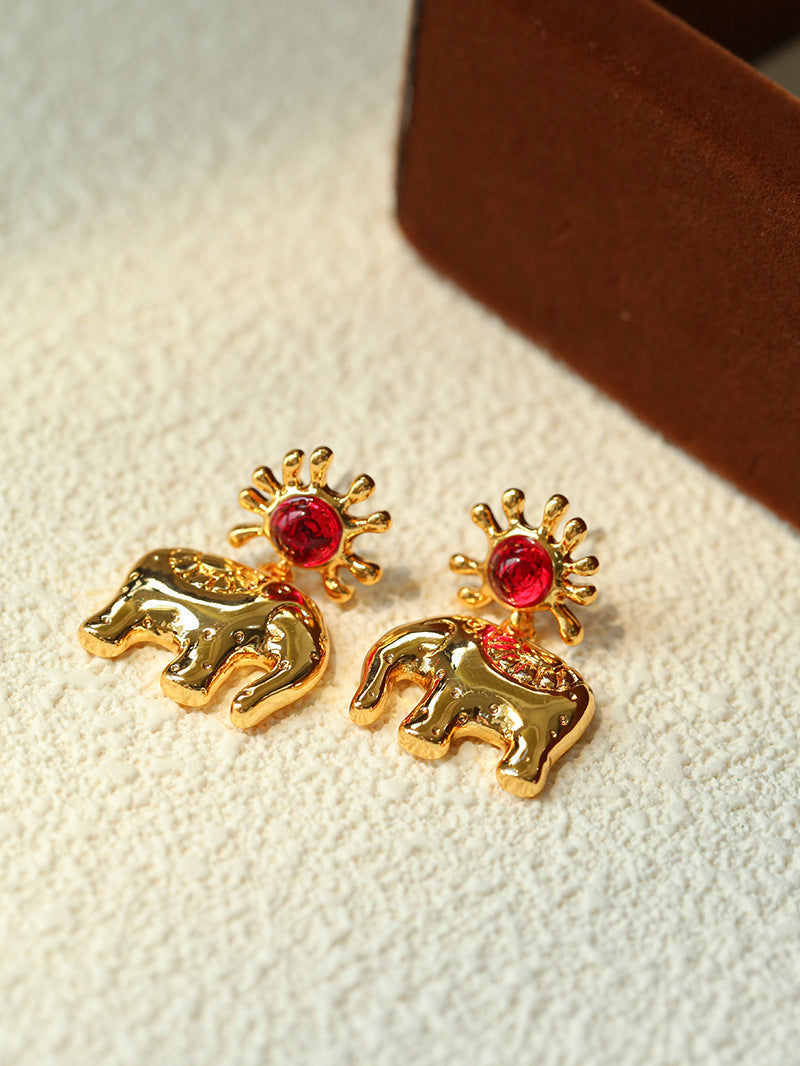 Sun Elephant Gold Silver Drop Earrings-Gembea Jewelry