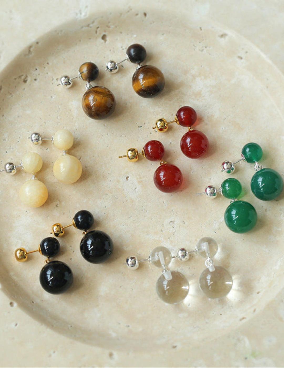 Double Ball Crystal Agate Stone Earrings - Gembea Jewelry