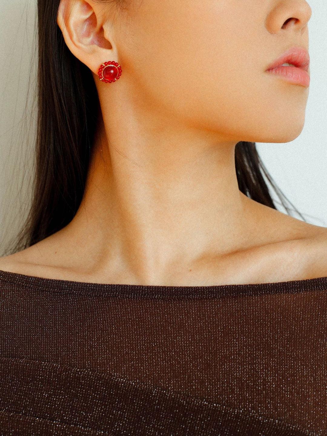 White Crystal Black and Red Agate Stud Earrings - Gembea Jewelry