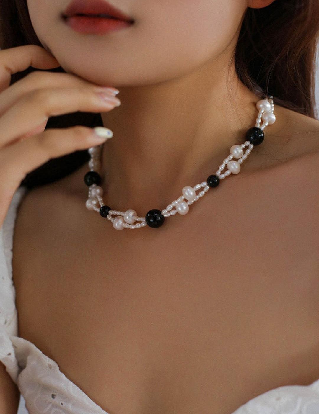 Black Agate Pearl Choker Necklace - Gembea Jewelry