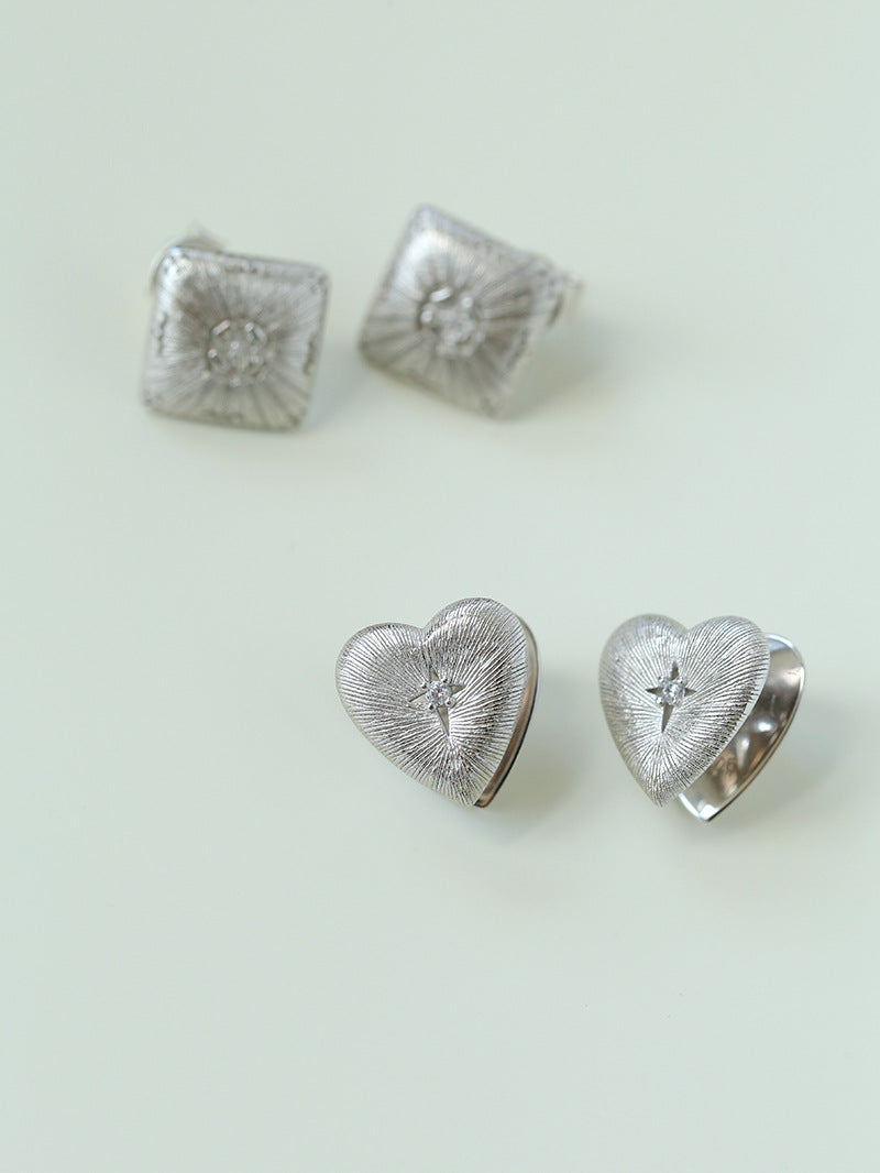 Silver Brushed Double-sided Heart Stud Earrings-Gembea Jewelry