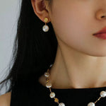 Irregular Gold Coin Button Pearl Earrings