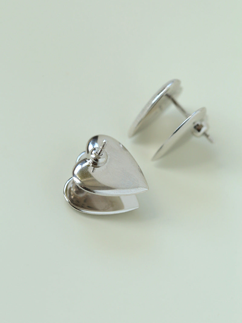 Silver Brushed Double-sided Heart Stud Earrings-Gembea Jewelry