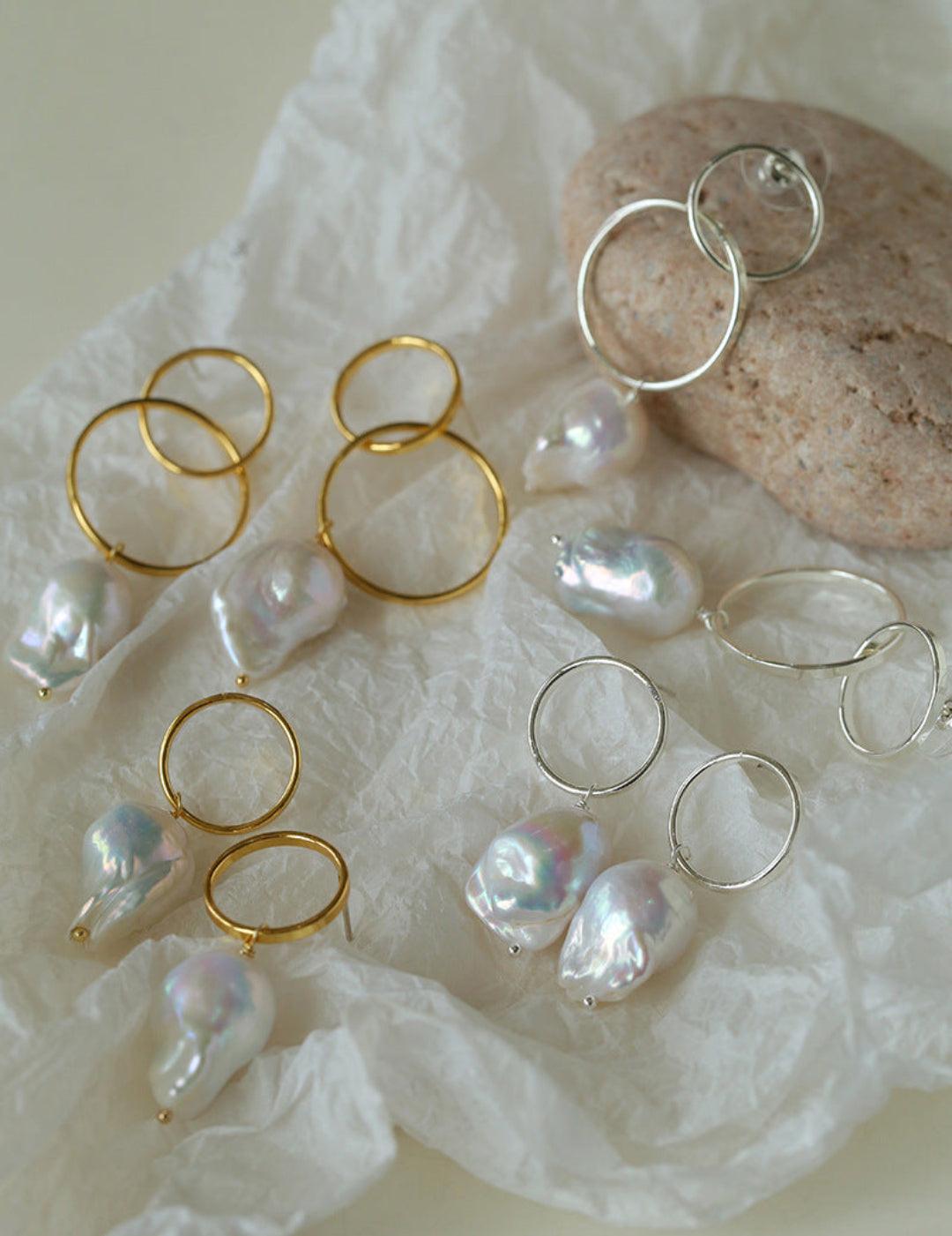 Metal Circle Baroque Pearl Drop Earrings - Gembea Jewelry