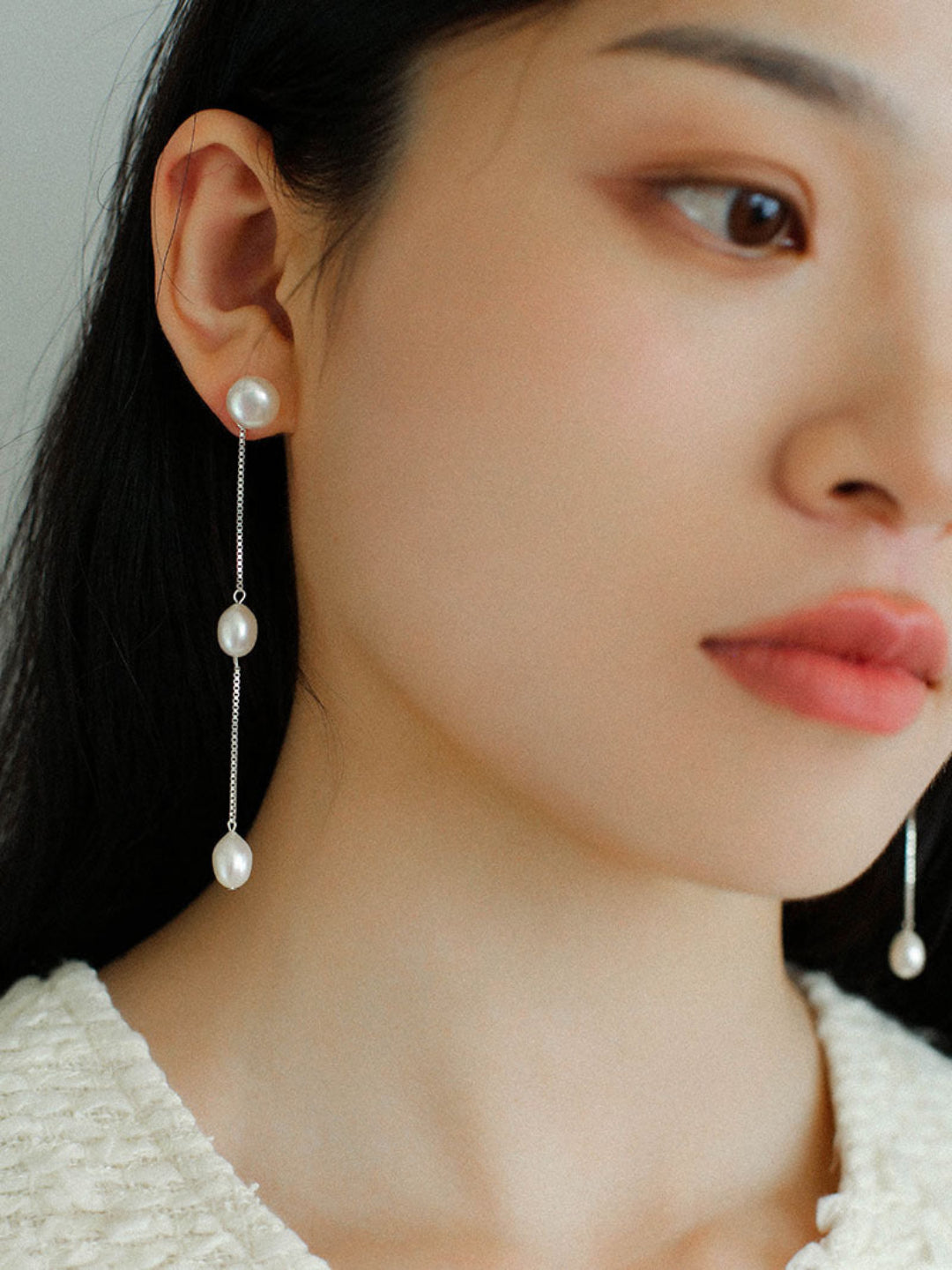 S925 Silver Chain Tassel Pearl Earrings