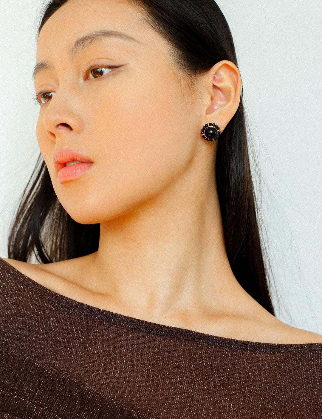 White Crystal Black and Red Agate Stud Earrings - Gembea Jewelry