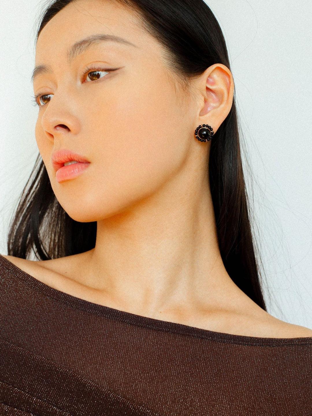 White Crystal Black and Red Agate Stud Earrings - Gembea Jewelry