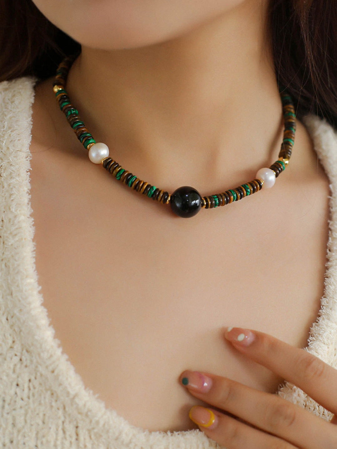 Black Agate Tiger-eye Stone Beaded Necklace