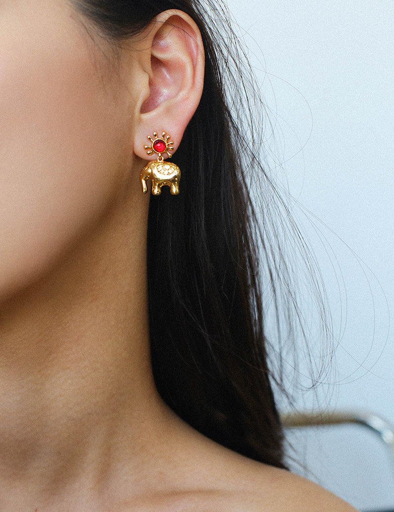 Sun Elephant Gold Silver Drop Earrings-Gembea Jewelry