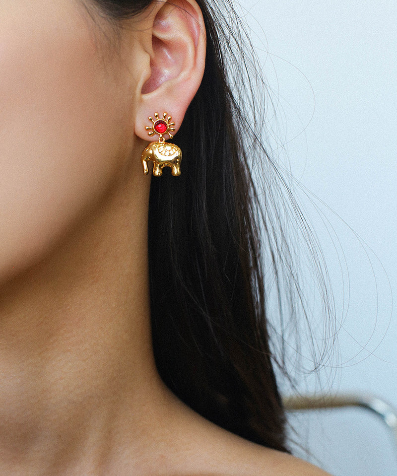 Sun Elephant Gold Silver Drop Earrings-Gembea Jewelry