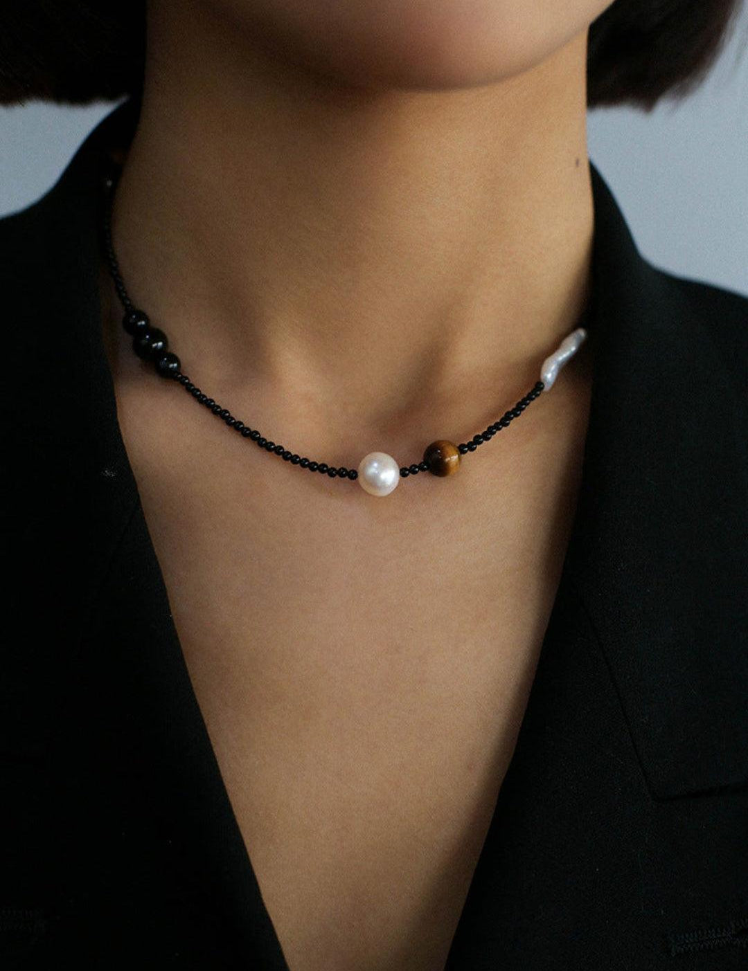 Sea's Embrace Series Pearl Black Agate Necklace - Gembea Jewelry