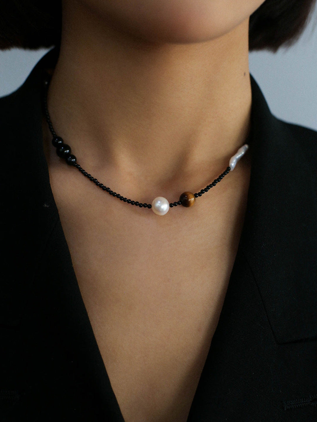 Simple Pearl Black Agate Tiger Eye Stone Necklace