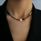 Simple Pearl Black Agate Tiger Eye Stone Necklace